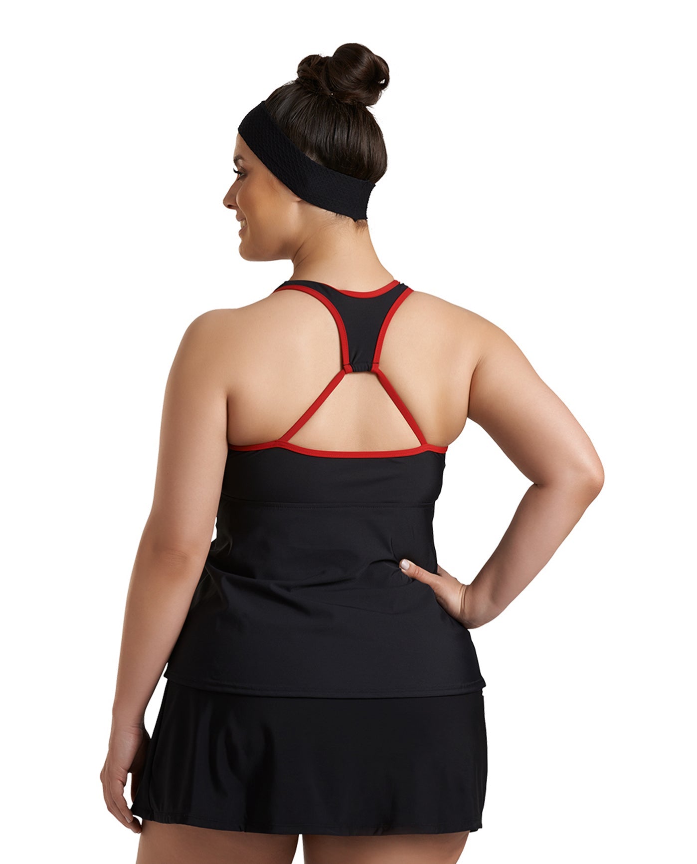 Back View Of Always For Me Black Plus Size Charlie Surplice Tankini Top | AFM BLACK