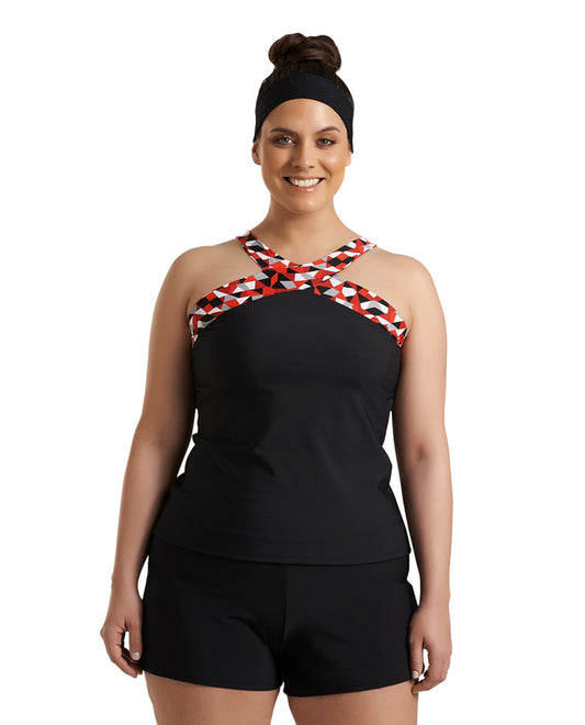 Front View Of Always For Me Black Plus Size Traycee Criss Cross Underwire Tankini Top | AFM BLACK