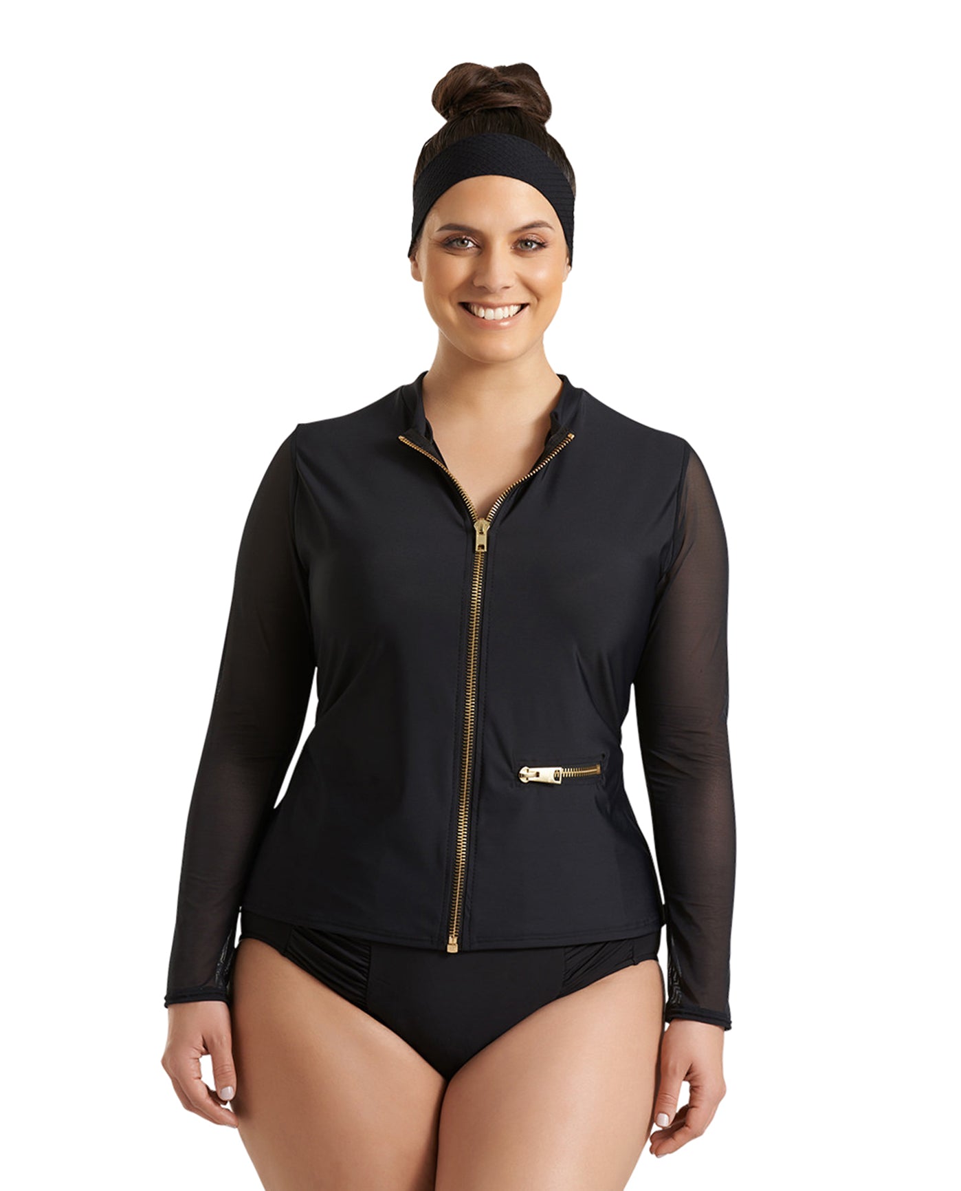 Front View Of Always For Me Black Plus Size Harper Mesh Sleeve Rash Guard | AFM BLACK