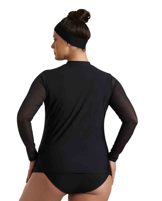 Back View Of Always For Me Black Plus Size Harper Mesh Sleeve Rash Guard | AFM BLACK