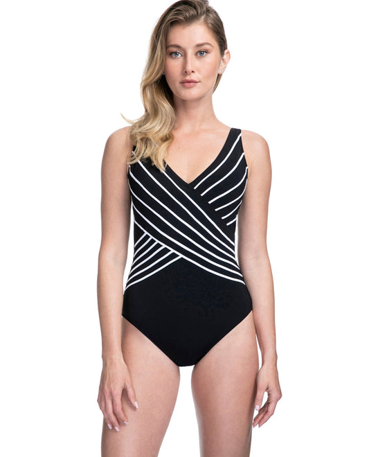 Front View Of Gottex Essentials Embrace Black and White Mock Surplice One Piece Swimsuit | GOT Embrace Black