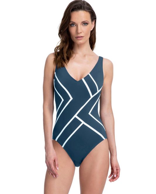 Front View Of Full Coverage Gottex Essentials Mirage Black V-Neck High Back One Piece Swimsuit | GOT Mirage Teal