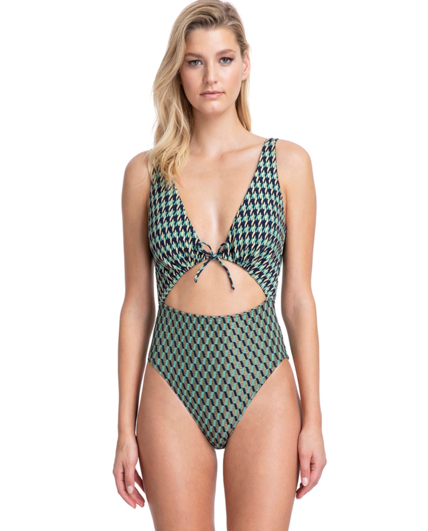Front View Of Gottex Collection Retro Revival Green V-Neck Cut Out Tie Front One Piece Swimsuit | GOT Retro Revival Green