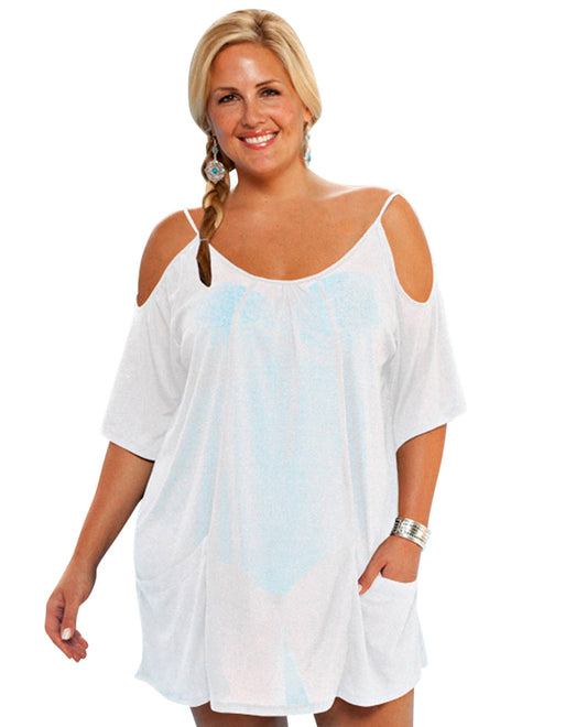 Front View Of Always For Me Plus Size Open Shoulder Cover Up Tunic | AFM WHITE