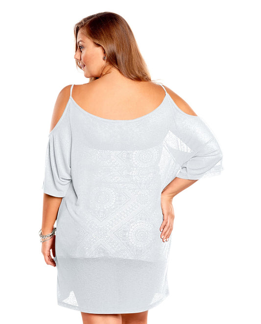 Back View Of Always For Me Plus Size Open Shoulder Cover Up Tunic | AFM WHITE