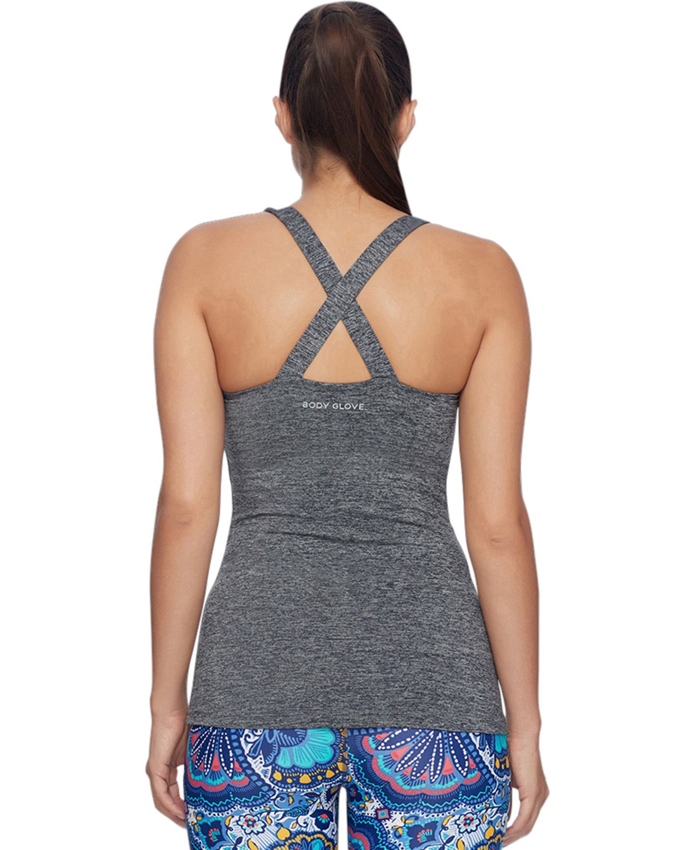 Back View Of Body Glove Sport Heather Grey Borasco Cross Back Tank Top | BGS Grey