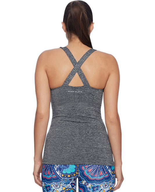 Back View Of Body Glove Sport Heather Grey Borasco Cross Back Tank Top | BGS Grey