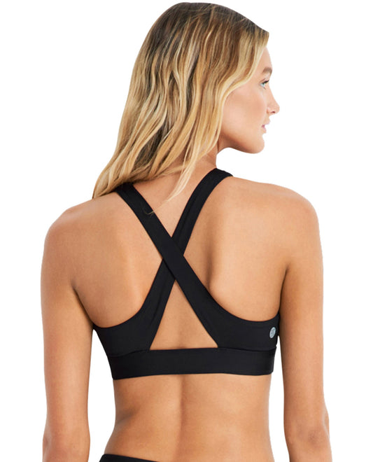 Back View Of Seafolly Spice Temple Lasercut High Neck Sports Bra | SEA BLACK