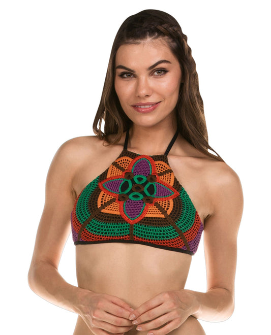 Front View Of Isabella Rose Bali Hai Crochet High Neck Bikini Top | ISA Bali Hai