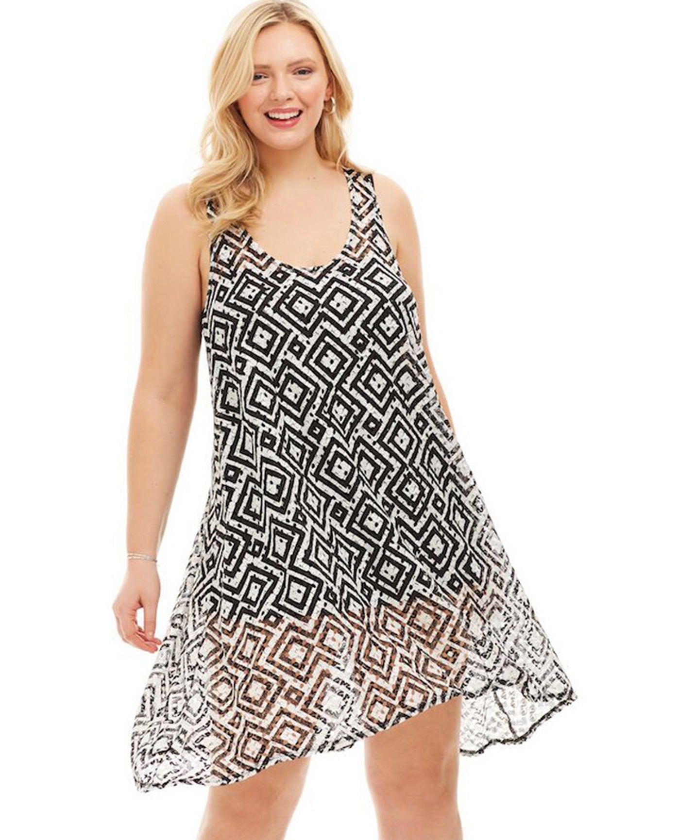 Front View Of Always For Me Black and White Geo Pattern Plus Size Racerback Cover Up Dress | AFM GEO