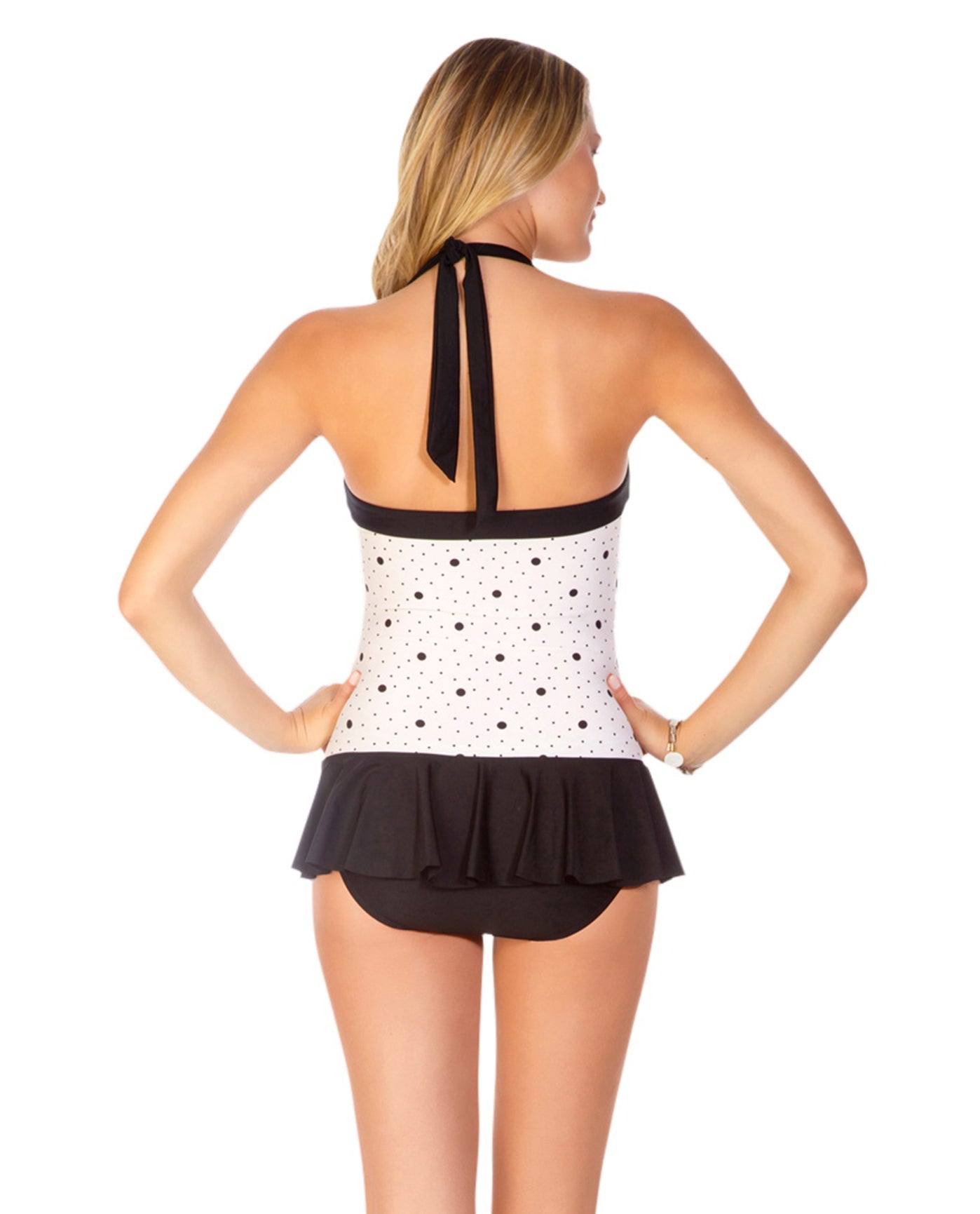 Back View Of Eco Swim Space Dot Halter Swimdress | ECO Space Dot