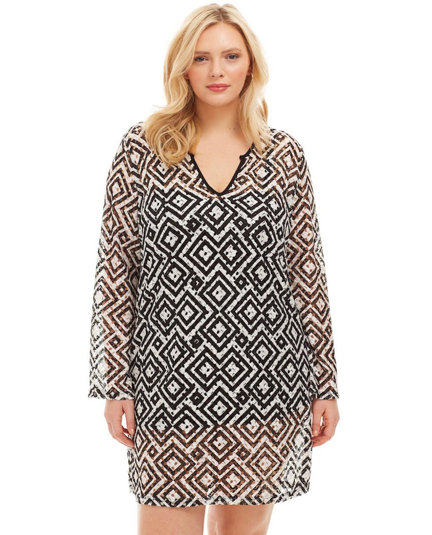Front View Of Always For Me Black and White Geo Pattern Plus Size Long Sleeve V-Neck Tunic | AFM GEO