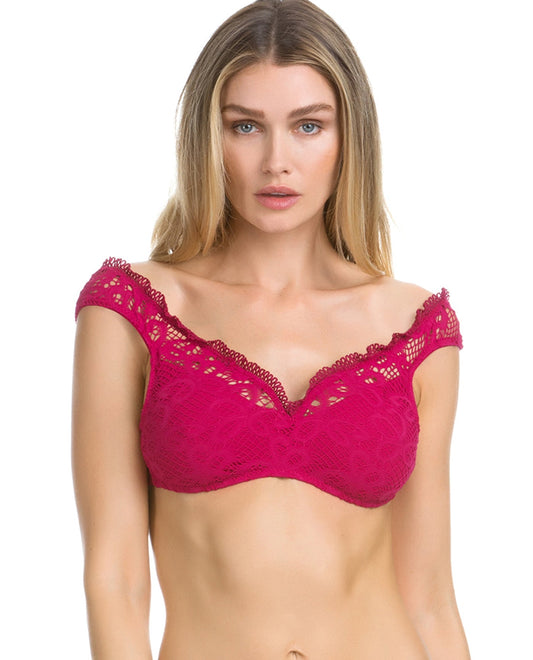 Front View Of Becca Captured Raspberry V-Neck Off the Shoulder Bikini Top | BEC Raspberry