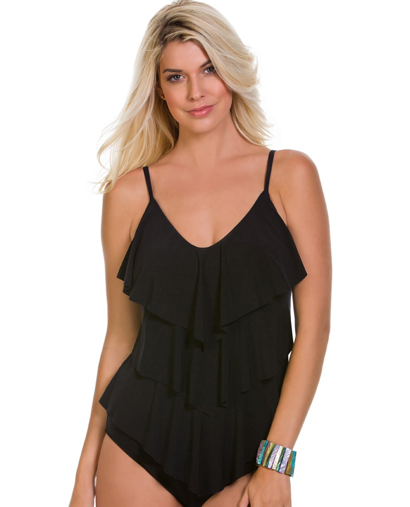 Front View Of Magicsuit Solid Black Rita Triple Tier Tankini Top | MAG Black