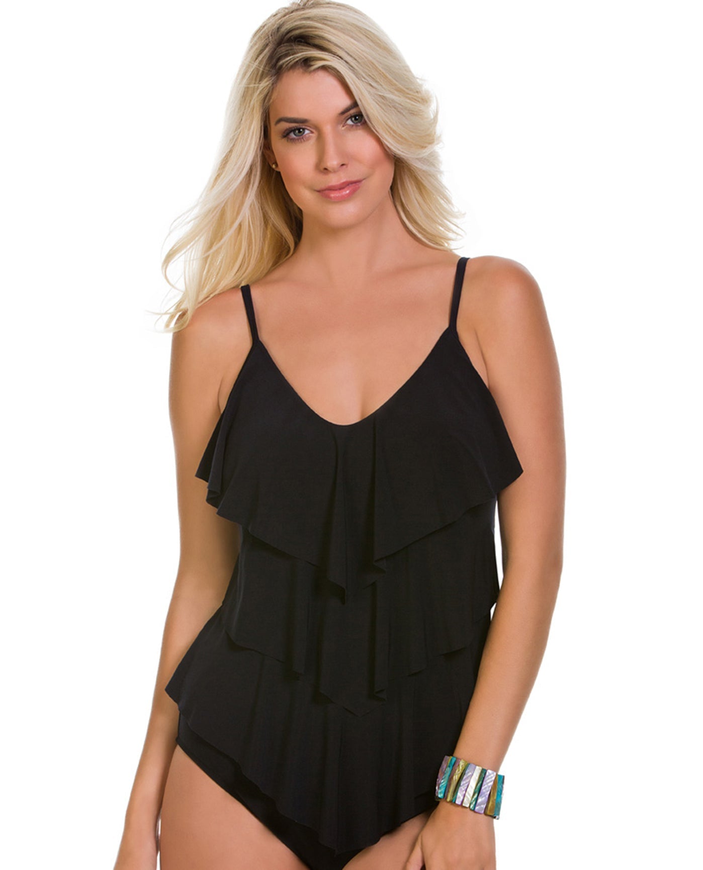Front View Of Magicsuit Black Rita Triple Tier Tankini Top | MAG Black