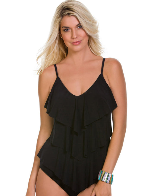 Front View Of Magicsuit Black Rita Triple Tier Tankini Top  | MAG Black