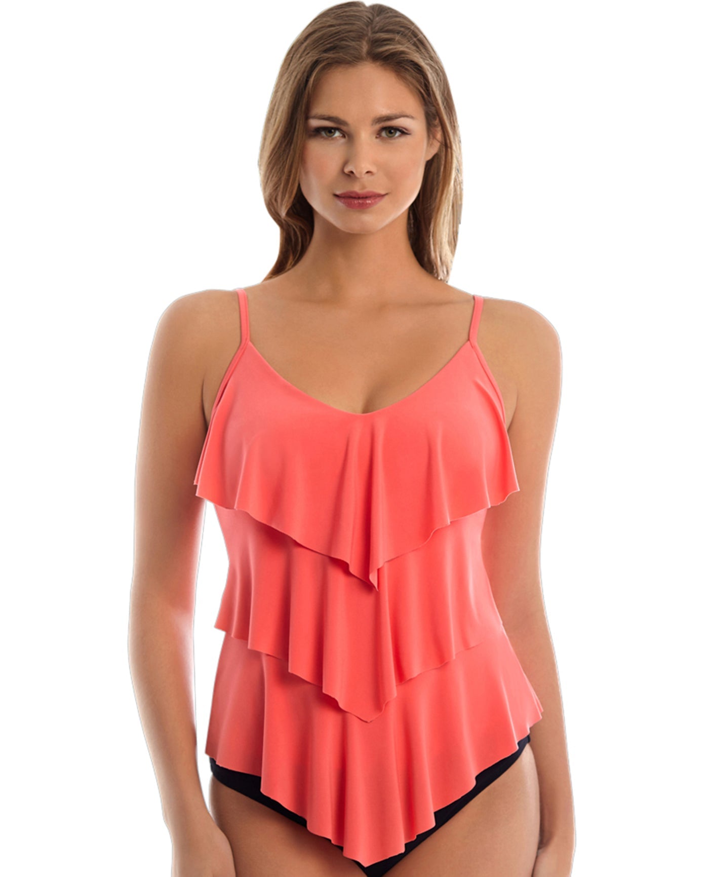 Front View Of Magicsuit Black Rita Triple Tier Tankini Top | MAG Coral