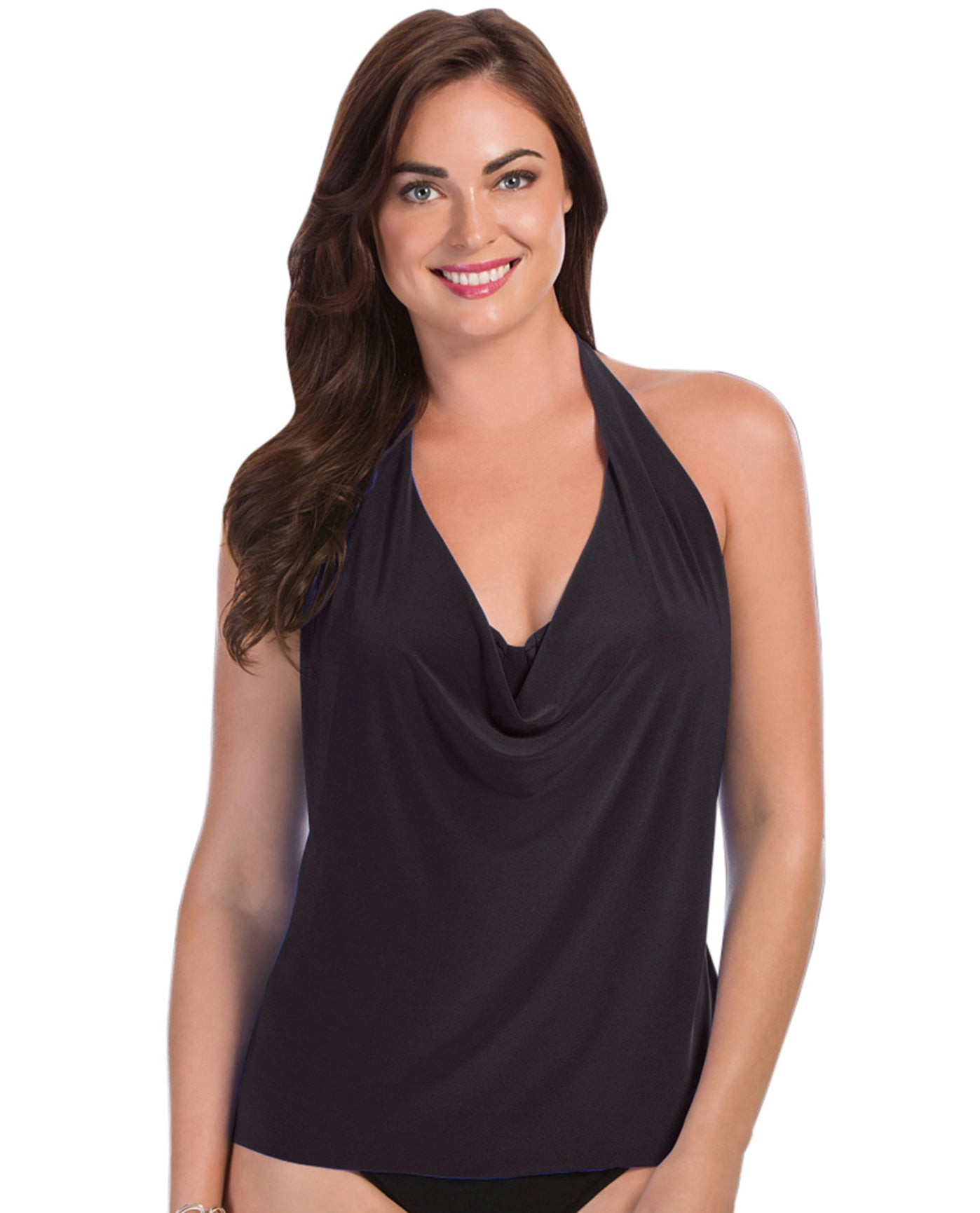 Front View Of Magicsuit Black Underwire Sophie Cowl Neck Halter Tankini Top | MAG Black