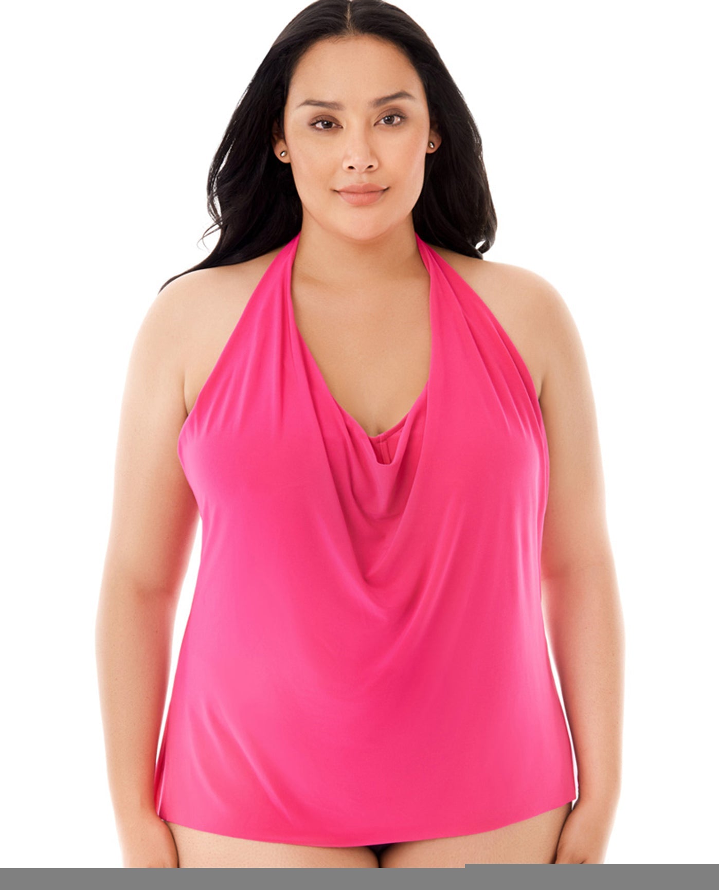 Front View Of Magicsuit Black Plus Size Sophie Halter Cowl Neck Underwire Tankini Top | MAG Pink