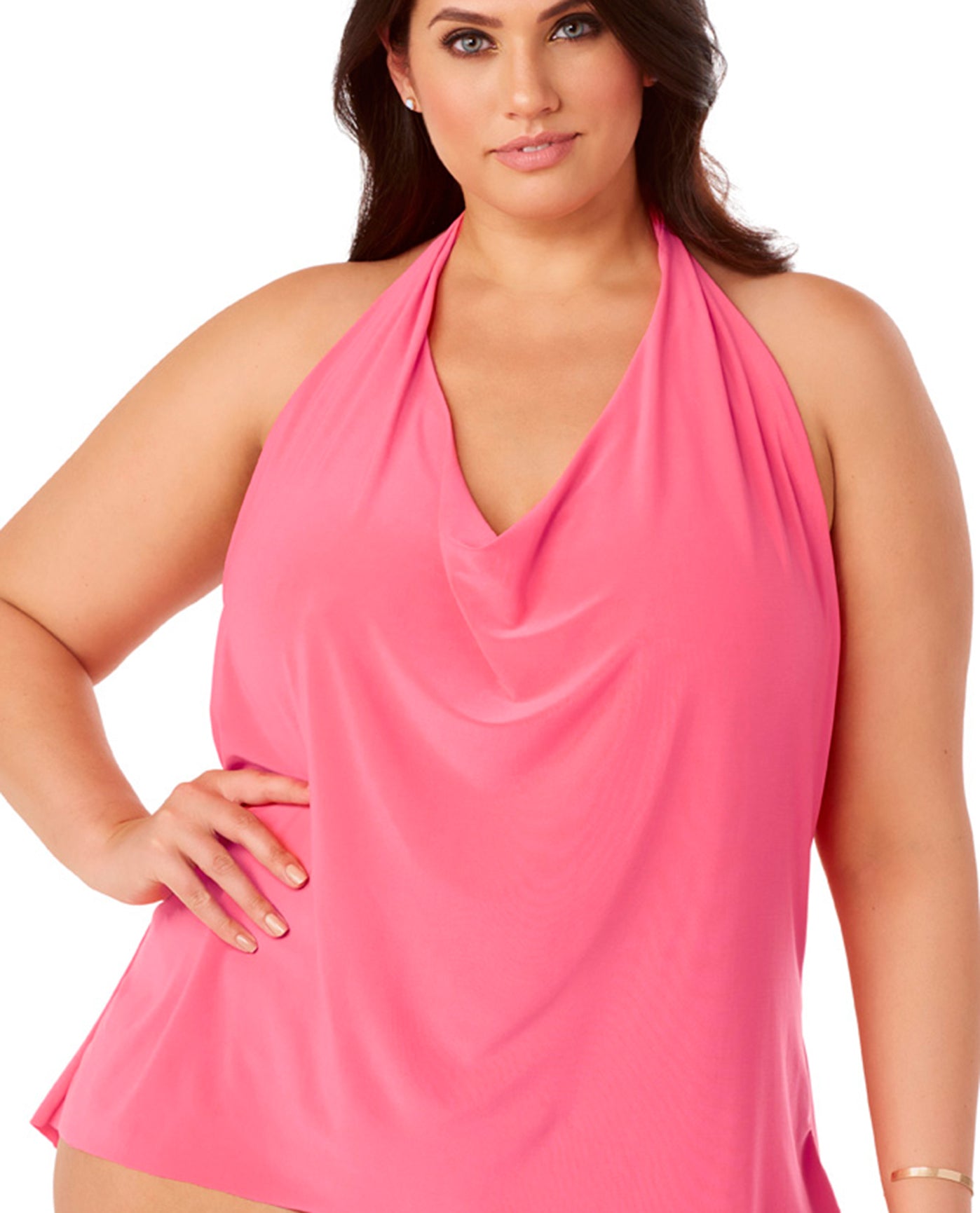 Front View Of Magicsuit Black Plus Size Sophie Halter Cowl Neck Underwire Tankini Top | MAG Watermelon