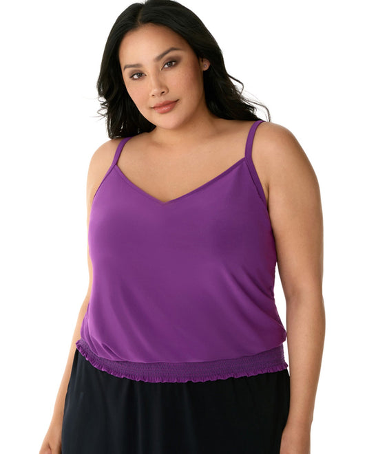 Front View Of Magicsuit Black Plus Size Justina Blouson Tankini Top | MAG Amethyst