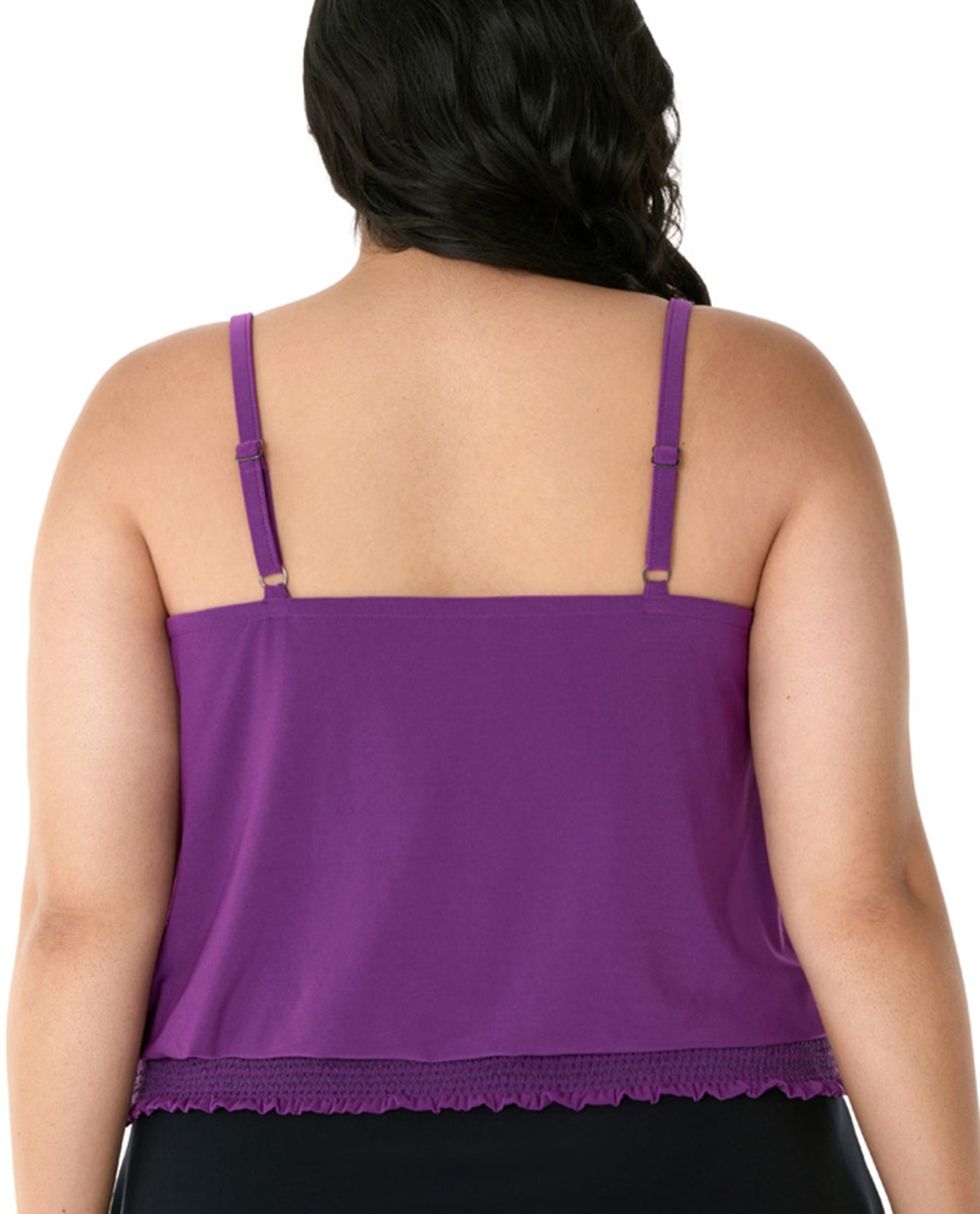 Back View Of Magicsuit Black Plus Size Justina Blouson Tankini Top | MAG Amethyst
