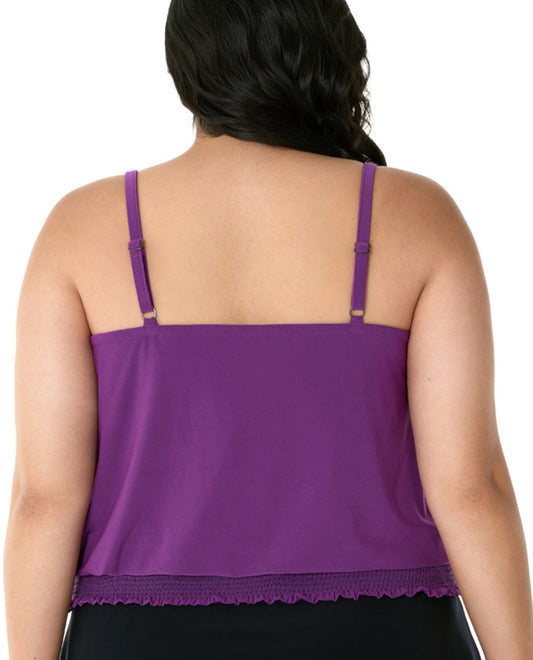 Back View Of Magicsuit Black Plus Size Justina Blouson Tankini Top | MAG Amethyst