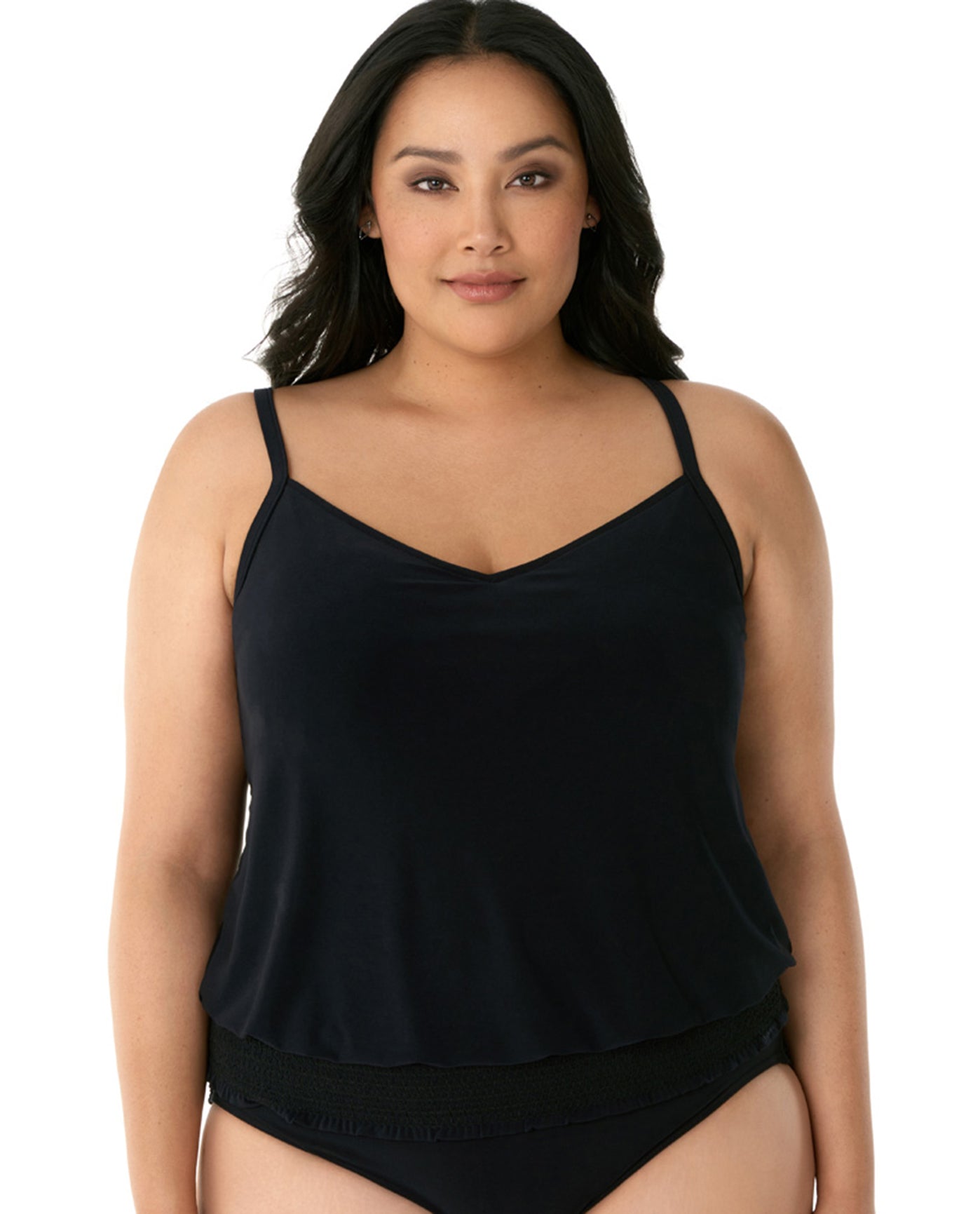 Front View Of Magicsuit Black Plus Size Justina Blouson Tankini Top | MAG Black
