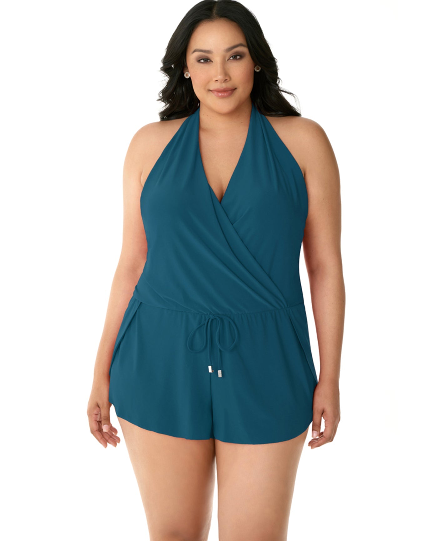 Front View Of Magicsuit Black Plus Size Bianca Swim Romper One Piece Swimsuit | MAG Blue