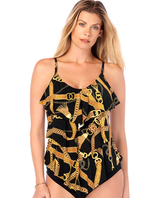 Front View Of Magicsuit Jet Setter Rita Triple Tiered Tankini Top | MAG Black