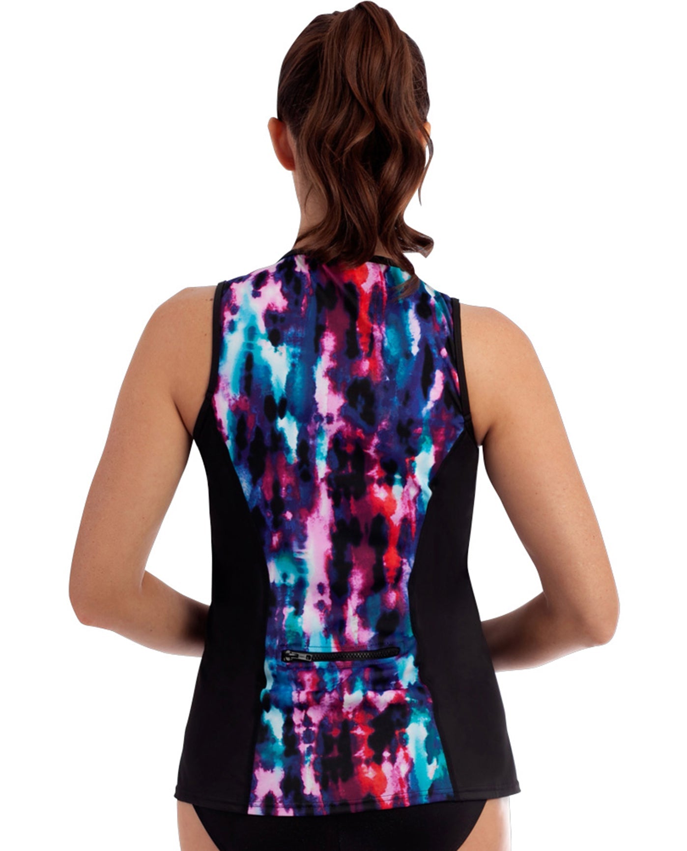 Back View Of Miraclesuit Shimmer Bay Active Sleeveless Full Zip Rash Guard | MIR Black Purple