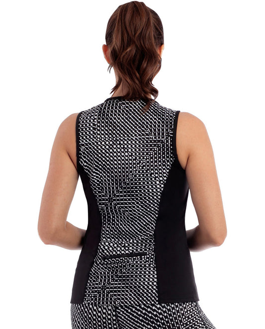 Back View Of Miraclesuit Shimmer Bay Active Sleeveless Full Zip Rash Guard | MIR Black White