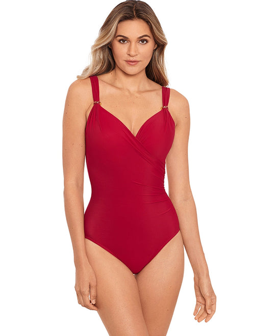 Front View Of Miraclesuit Grenadine Razzle Dazzle Siren Underwire One Piece Swimsuit | MIR Red