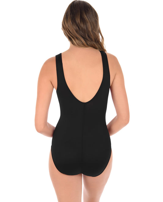Back View Of Miraclesuit Illusionist Black Palma Mesh High Neck One Piece Swimsuit | MIR Black