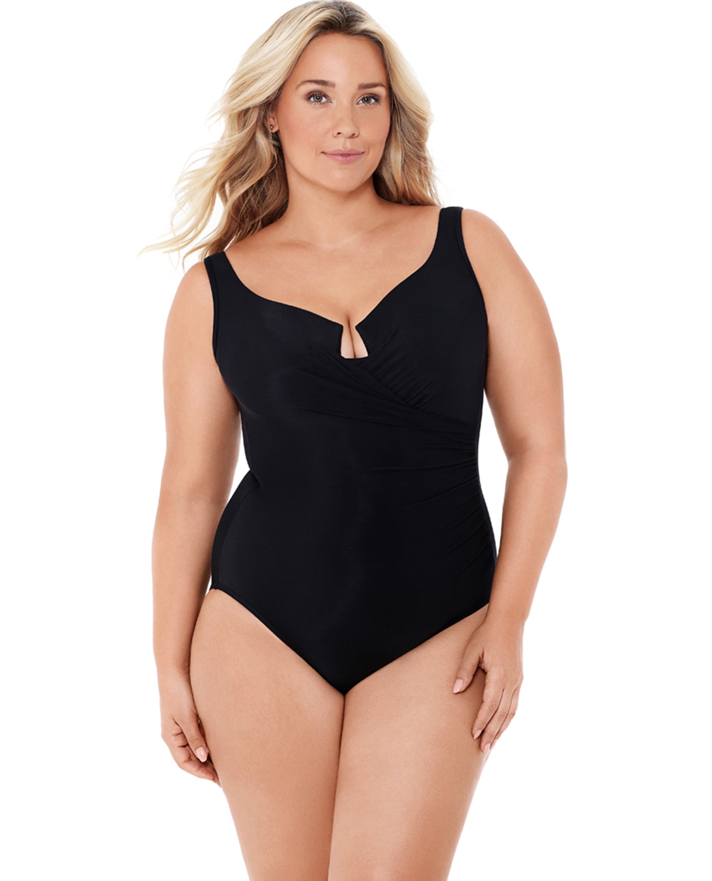 Front View Of Miraclesuit Black Plus Size Escape Underwire One Piece Swimsuit | MIR Black