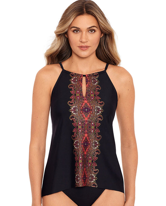 Front View Of Miraclesuit Kashmir Peephole Tankini Top | MIR Black