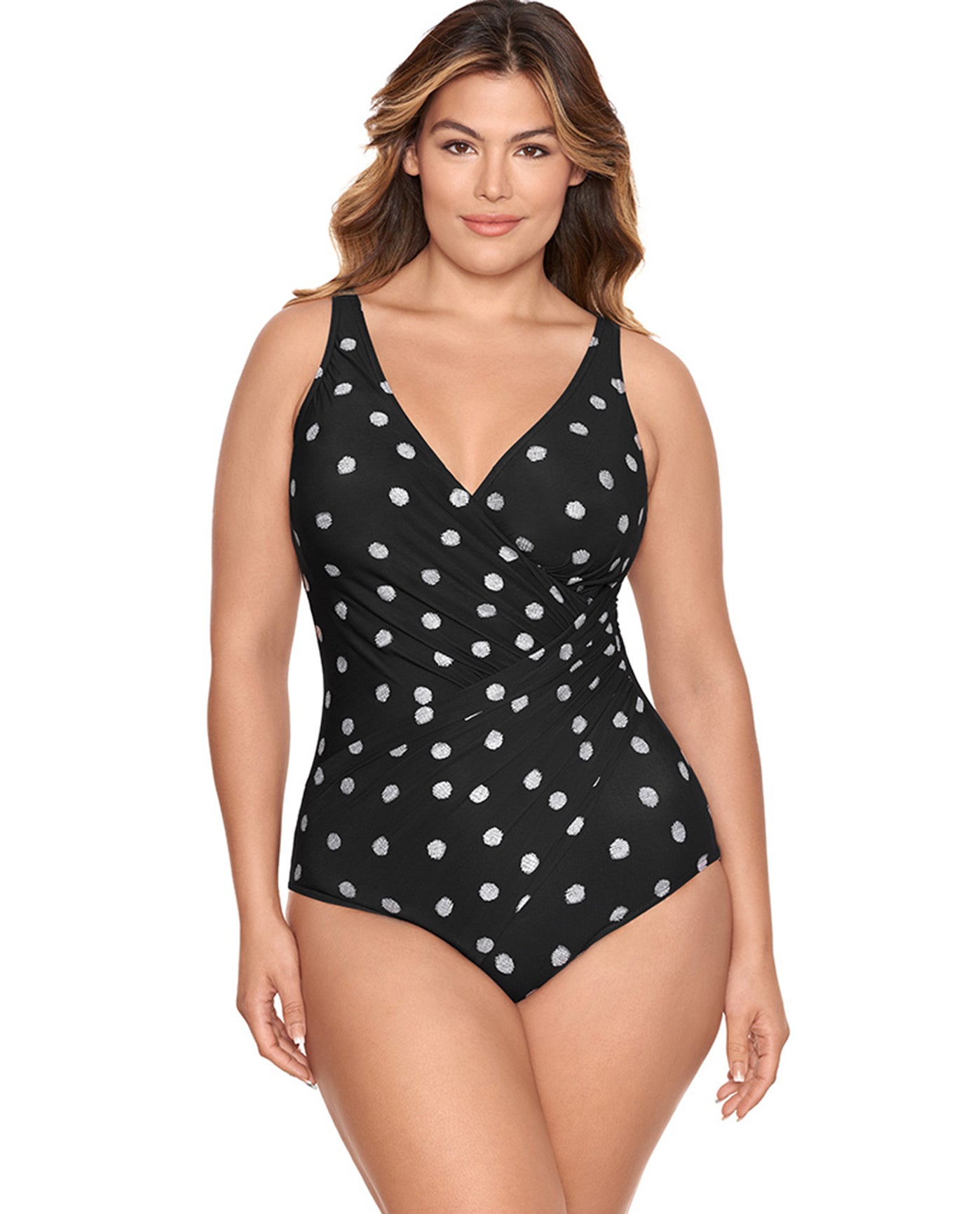 Front View Of Miraclesuit Pizzelles Oceanus Plus Size One Piece Swimsuit | MIR BLACK