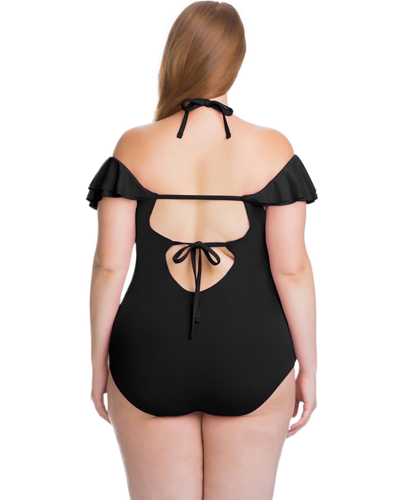 Back View Of Becca ETC by Rebecca Virtue Color Splash Flounce Off the Shoulder Ruffle Plus Size One Piece Swimsuit | BEC Color Splash Black