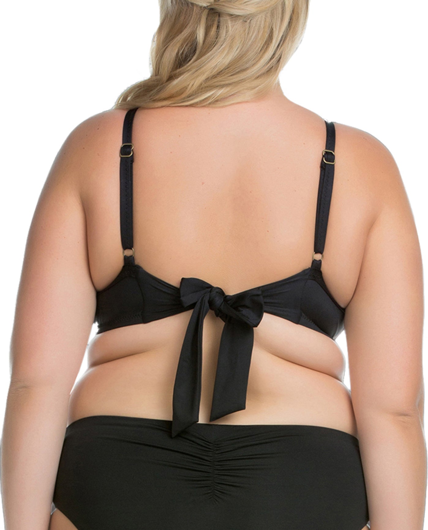 Back View Of Becca ETC by Rebecca Virtue Electric Current Plus Size Macrame High Neck Halter Bikini Top | BEC Electric Current Black