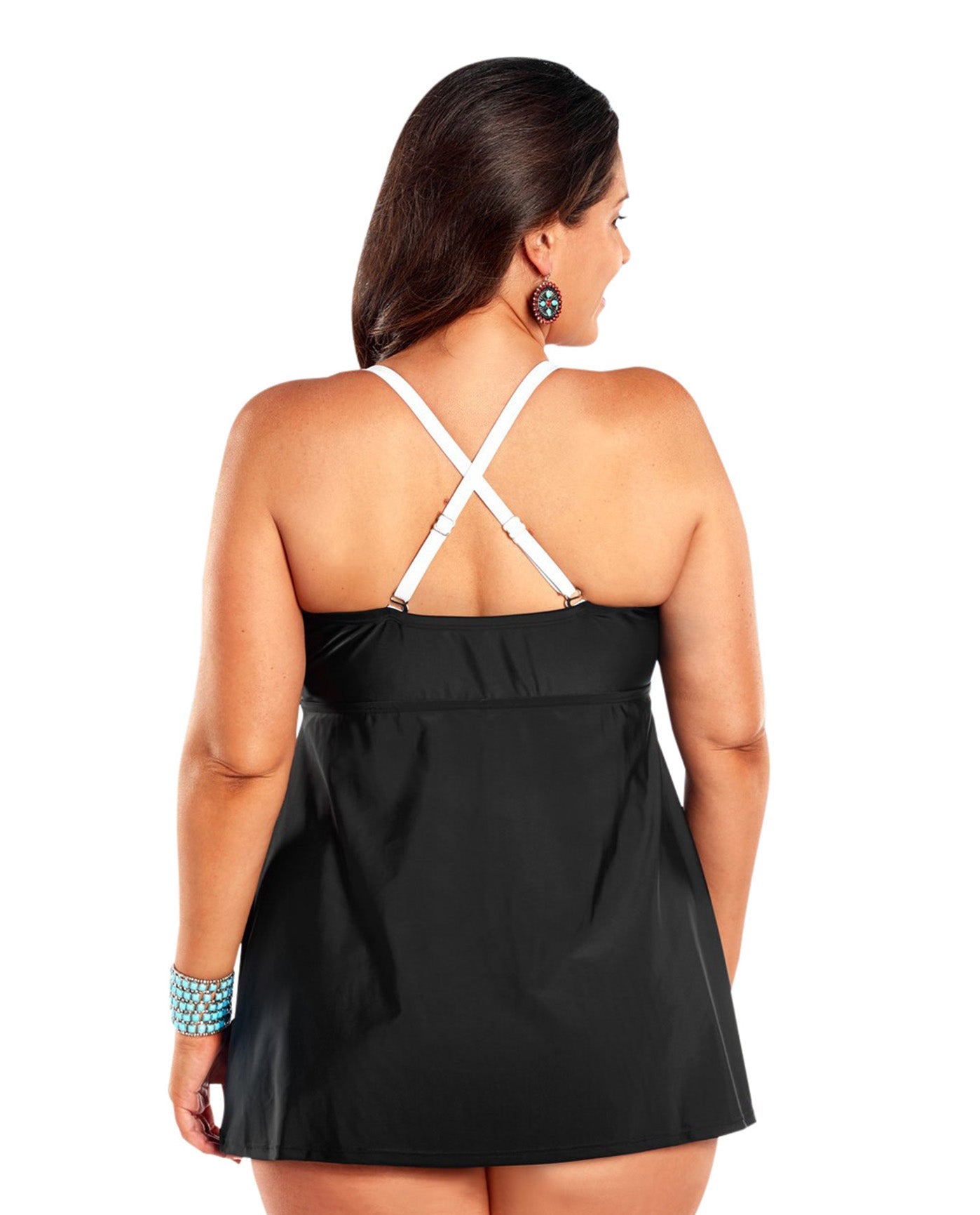 Back View Of Always For Me Black and White Plus Size Selene Swimdress | AFM BLACK WHITE