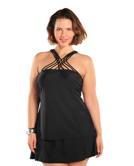 Front View Of Always For Me Black Plus Size Siren Tankini Top with Matching Tankini Bottom | AFM BLACK