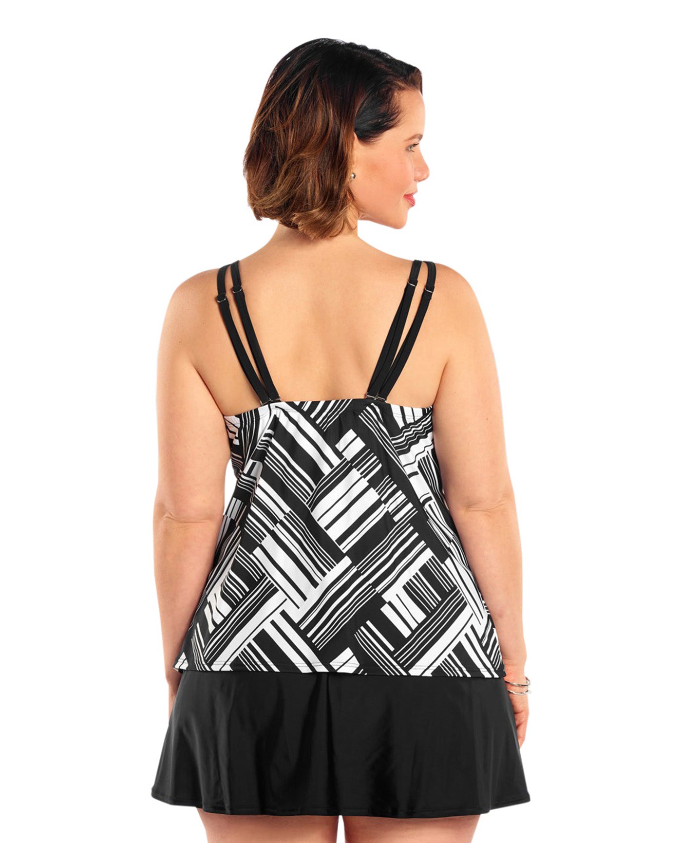 Back View Of Always For Me Black and White Plus Size Pandora Tankini Top with Matching Tankini Bottom | AFM BLACK WHITE