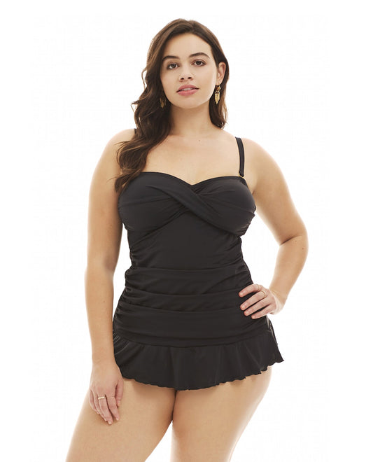 Front View Of Always For Me Plus Size Isabella Tankini Top with Matching Tankini Bottom | AFM BLACK