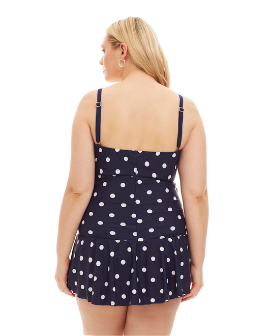 Back View Of Always For Me Navy and White Dots Plus Size Daphne Bandeau Strapless Tie Front Shirred Swimdress | AFM NAVY WHITE