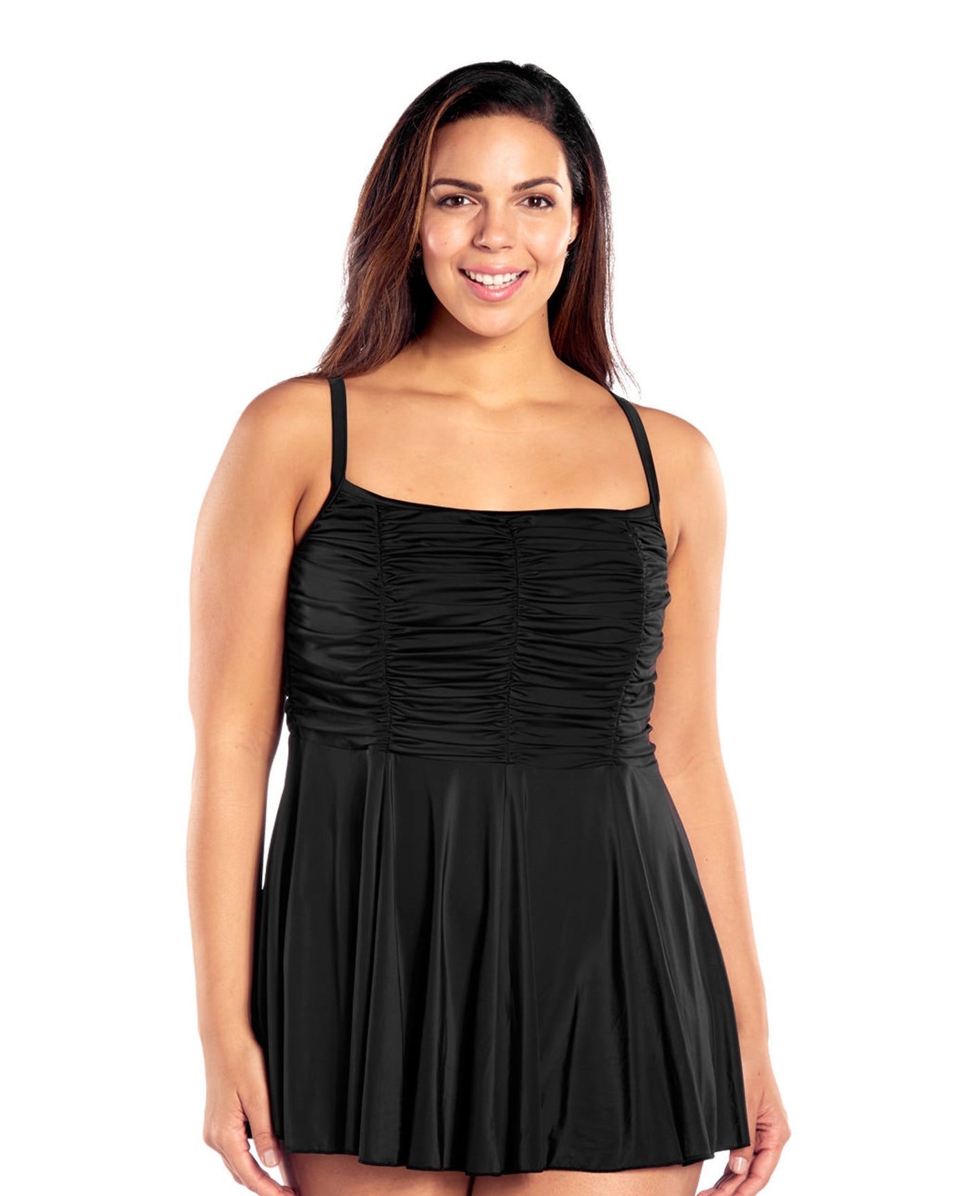 Front View Of Always For Me Black Plus Size Jet Cami Swimdress | AFM BLACK