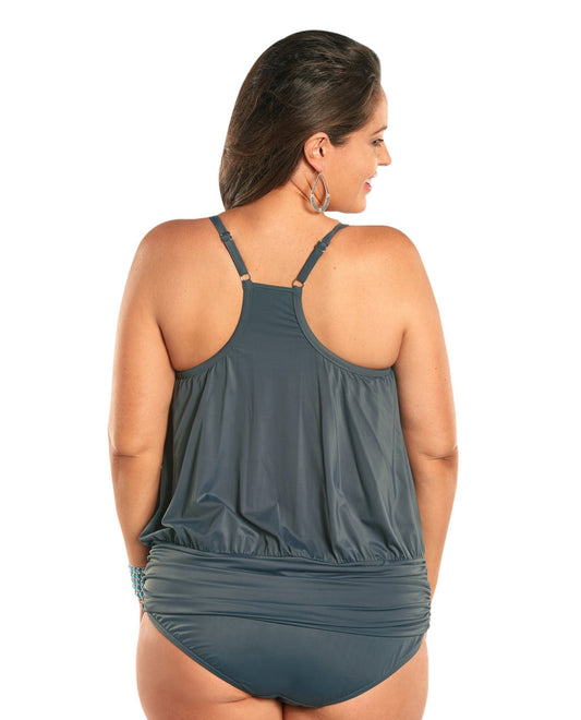 Back View Of Always For Me by Fit 4U Charcoal Plus Size Luxury Racerback Tankini Top with Matching Tankini Bottom | AFM GREY