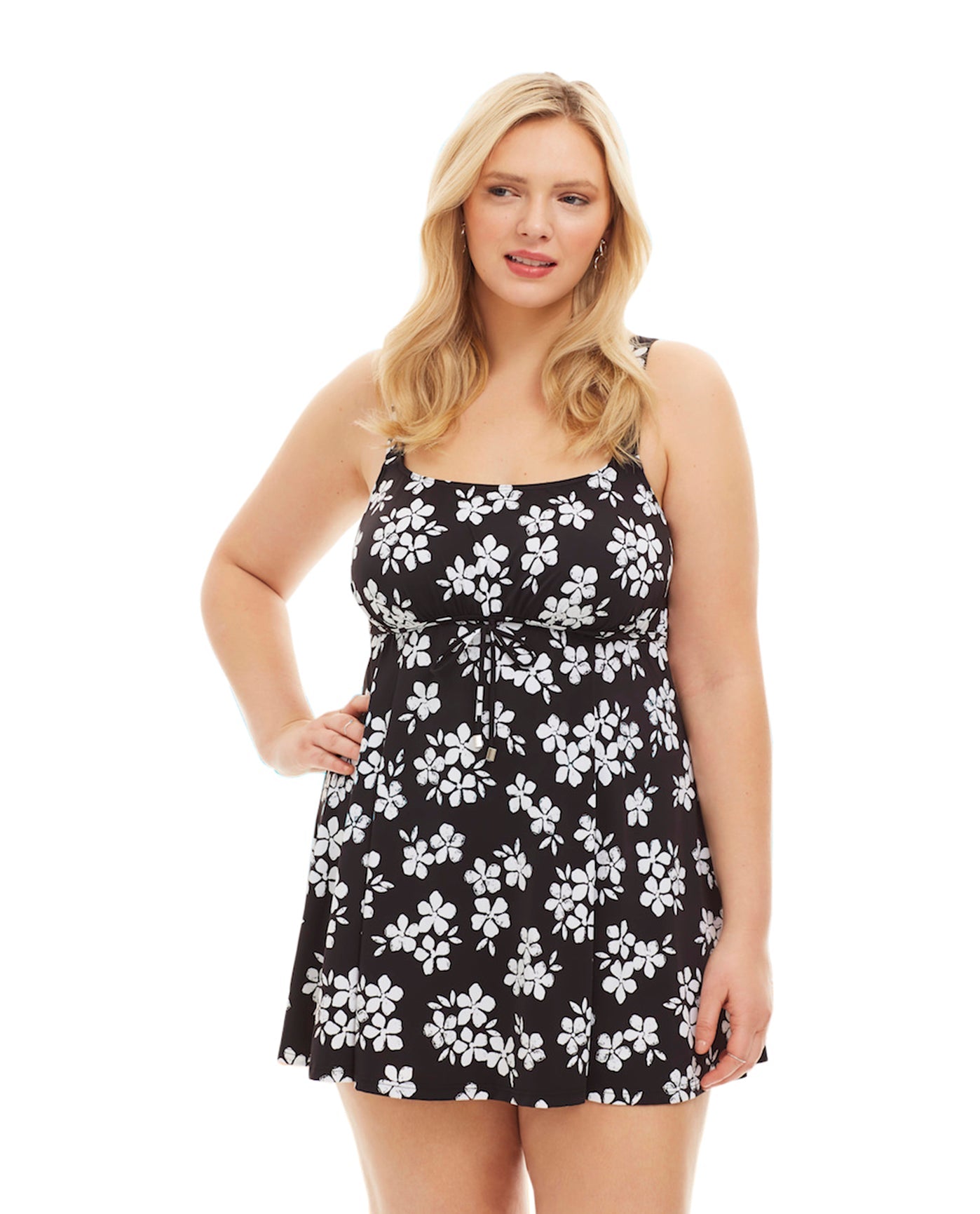 Front View Of Always For Me by Fit 4U Black and White Moonflower Plus Size Swimdress | AFM BLACK WHITE