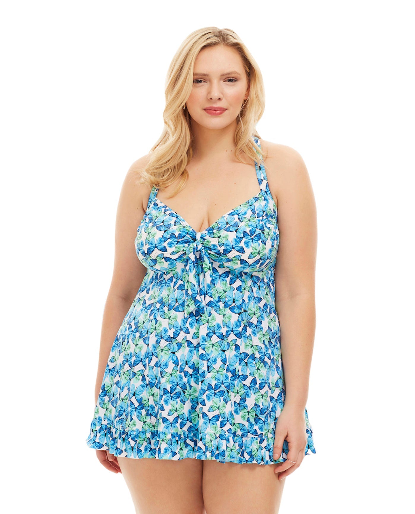 Front View Of Always For Me by Fit 4U Blue Plus Size Two Piece Flutter Swimdress Set | AFM BLUE