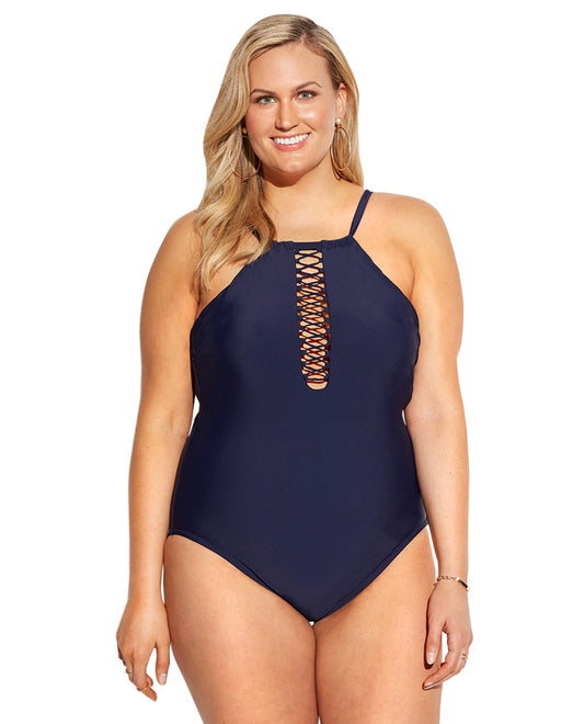 Front View Of Raisins Curve Navy Ola Plus Size Lace High Neck One Piece Swimsuit | RCU NAVY