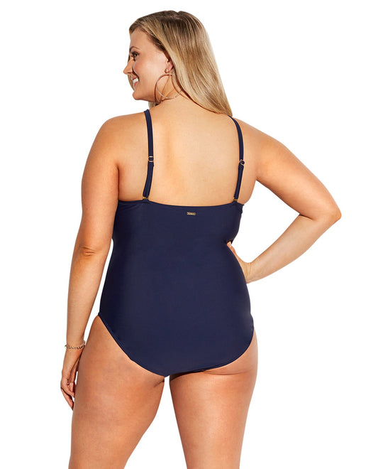 Back View Of Raisins Curve Navy Ola Plus Size Lace High Neck One Piece Swimsuit | RCU NAVY